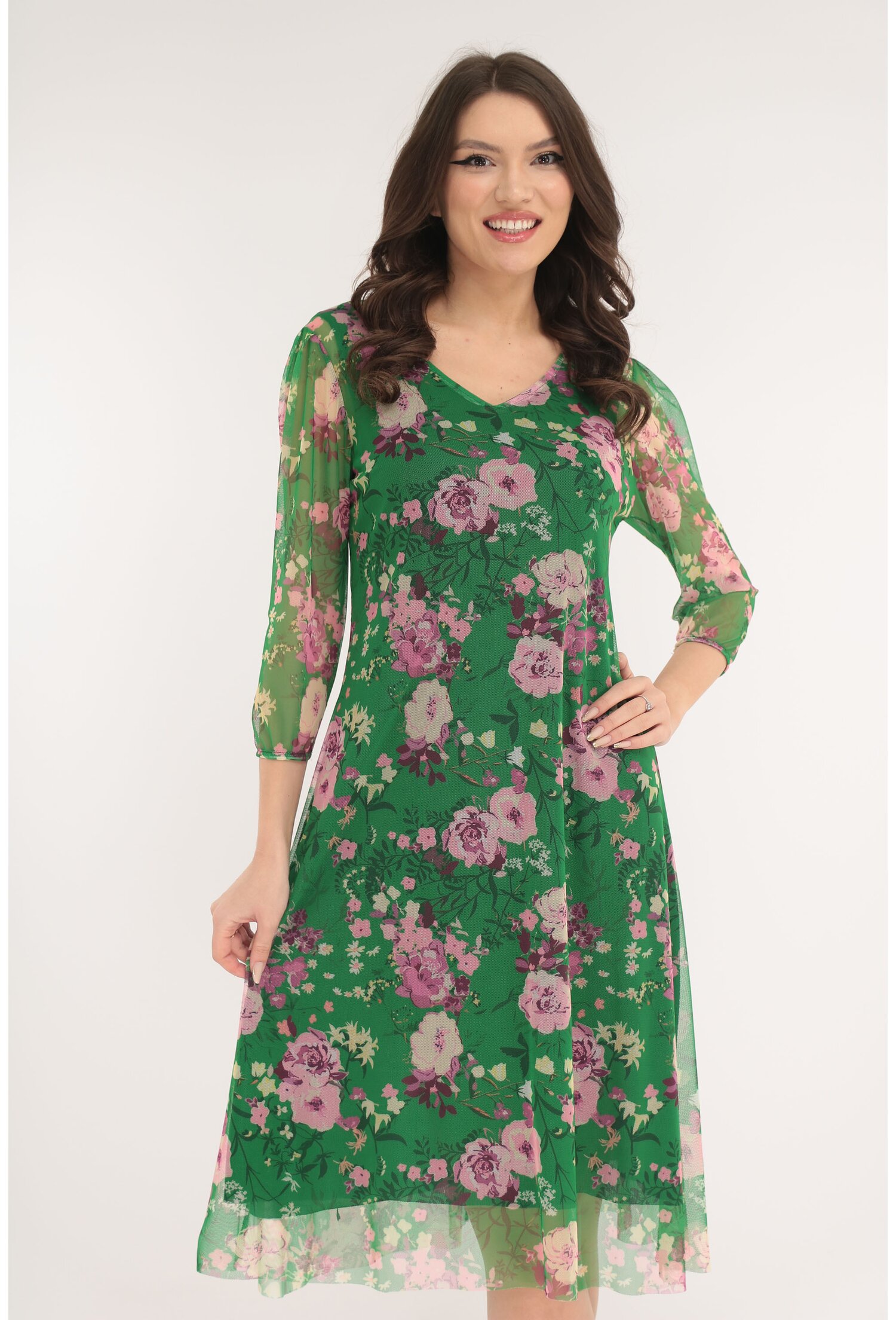 Rochie lejera din tulle verde cu print floral roz maxi