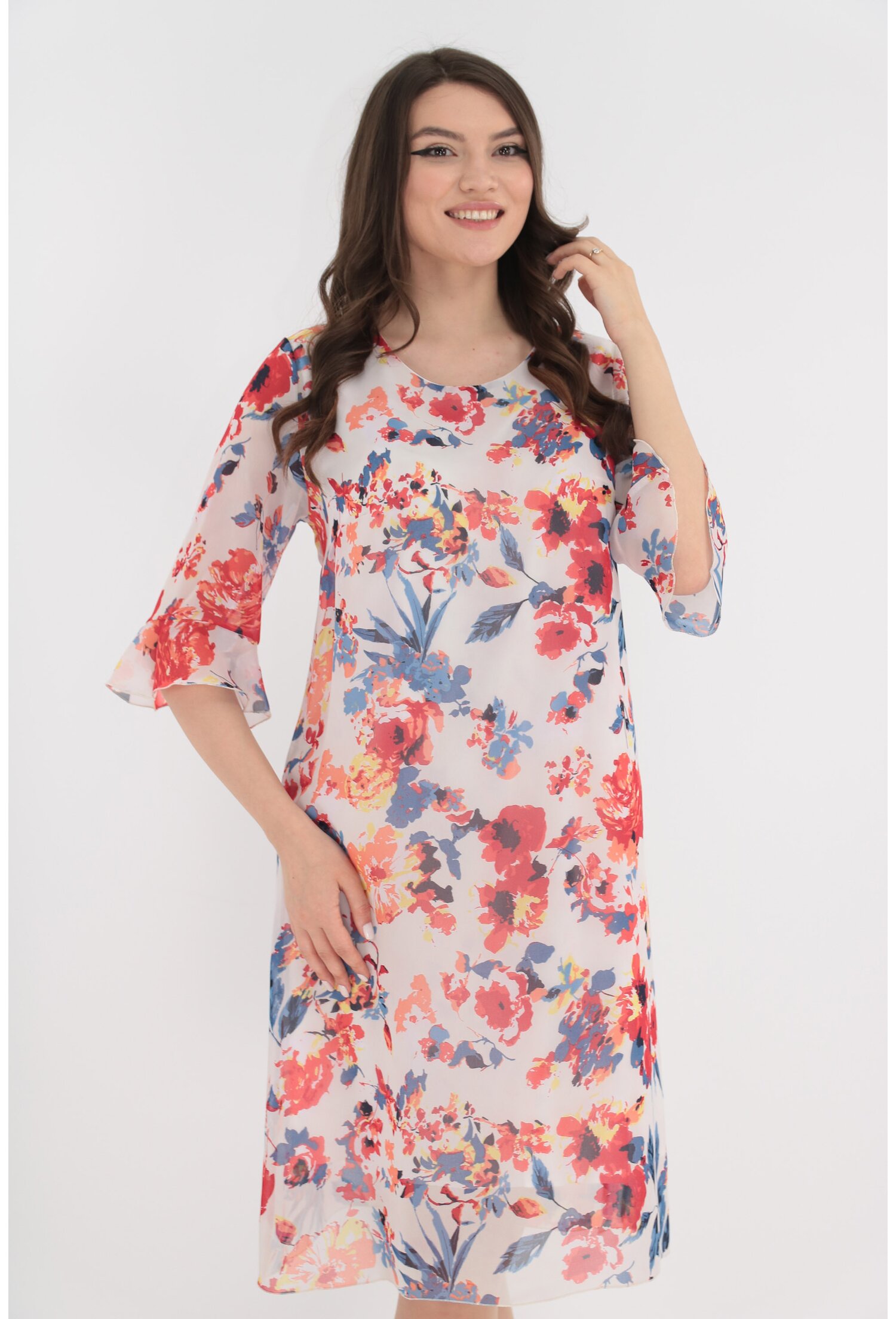 Rochie lejera din voal alb cu flori maxi corai - Rochii de zi