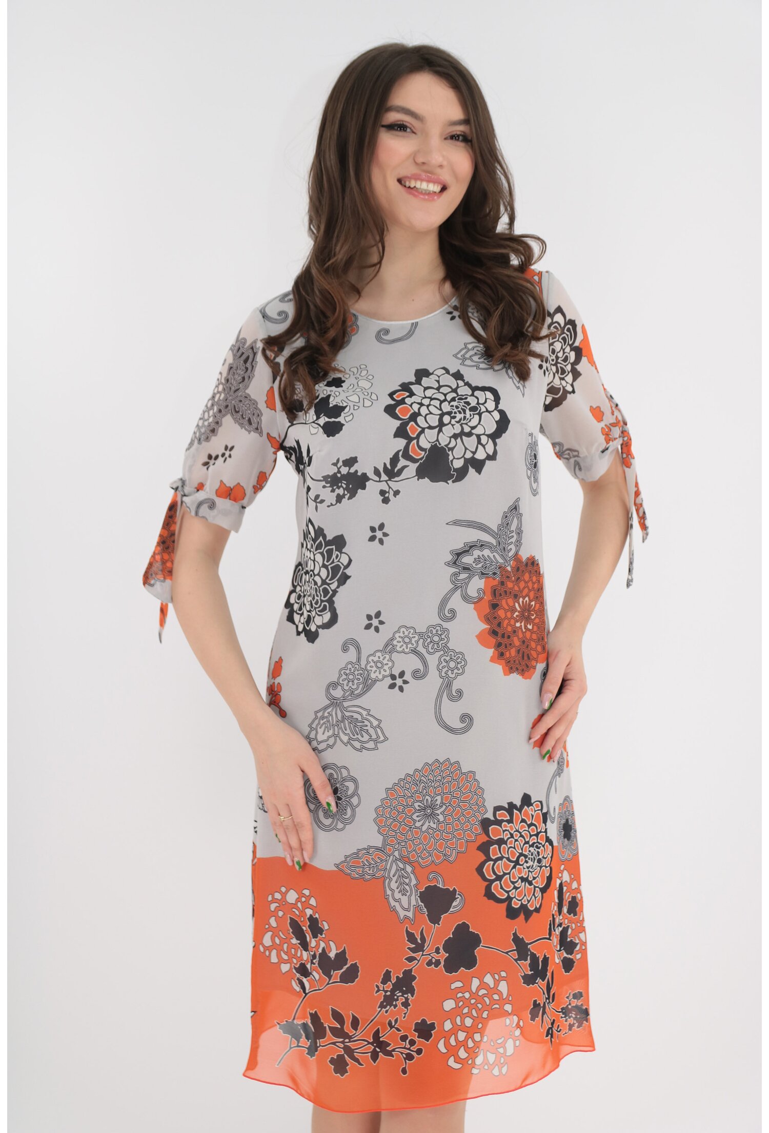 Rochie lejera din voal alb cu imprimeu floral orange si bordura - Rochii de zi