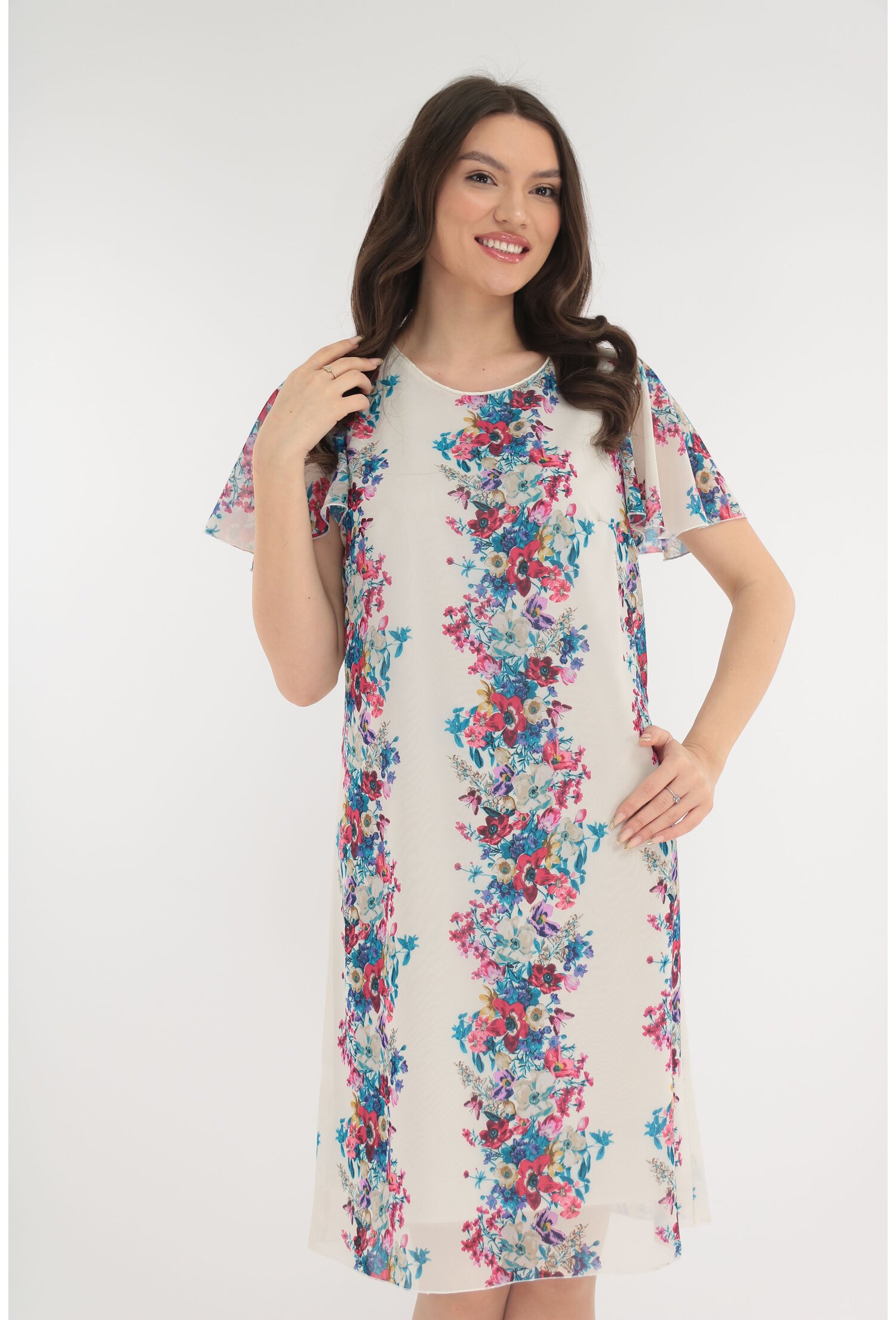 Rochie lejera din voal alb cu print floral vertical