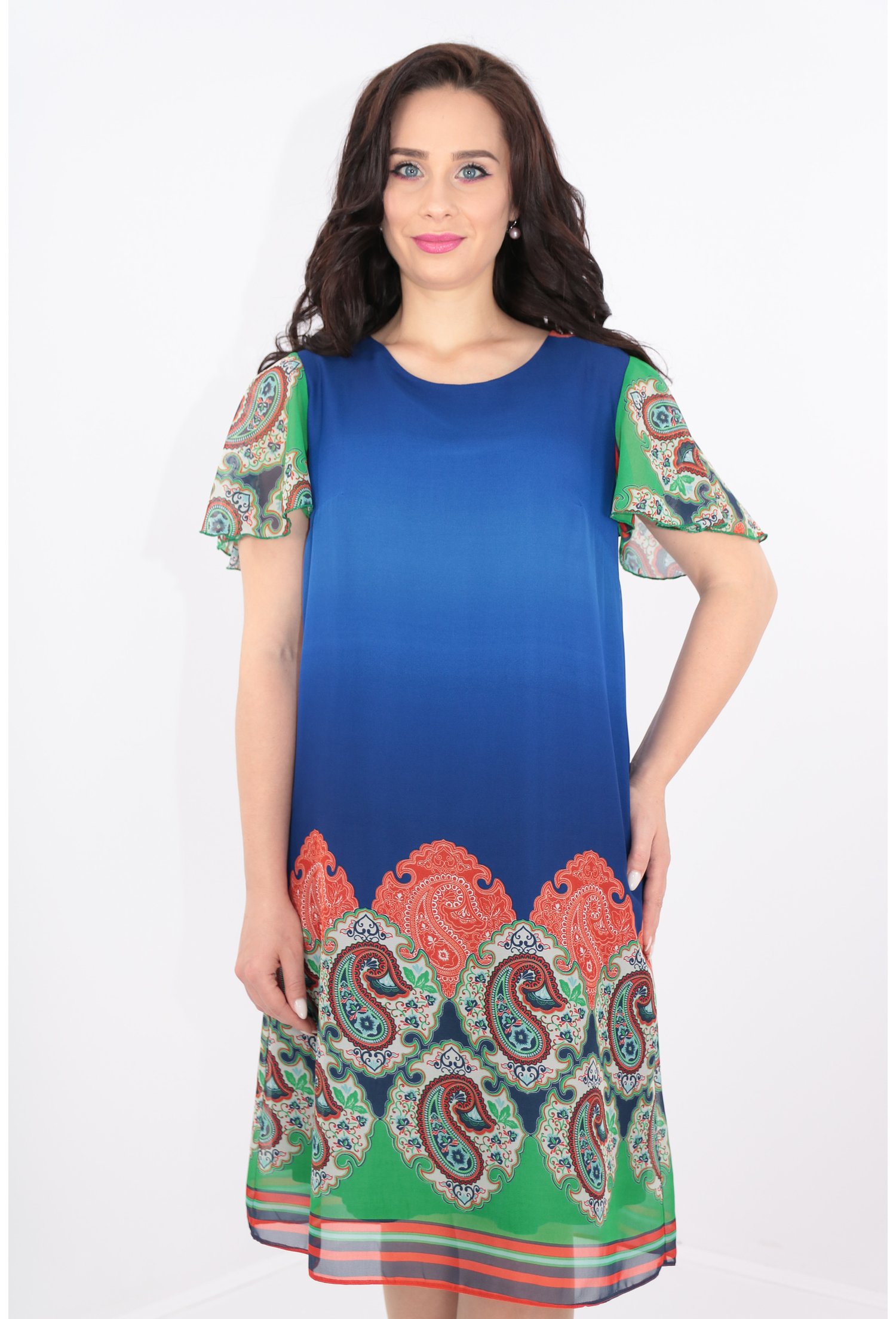 Rochie lejera din voal albastru cu bordura multicolora