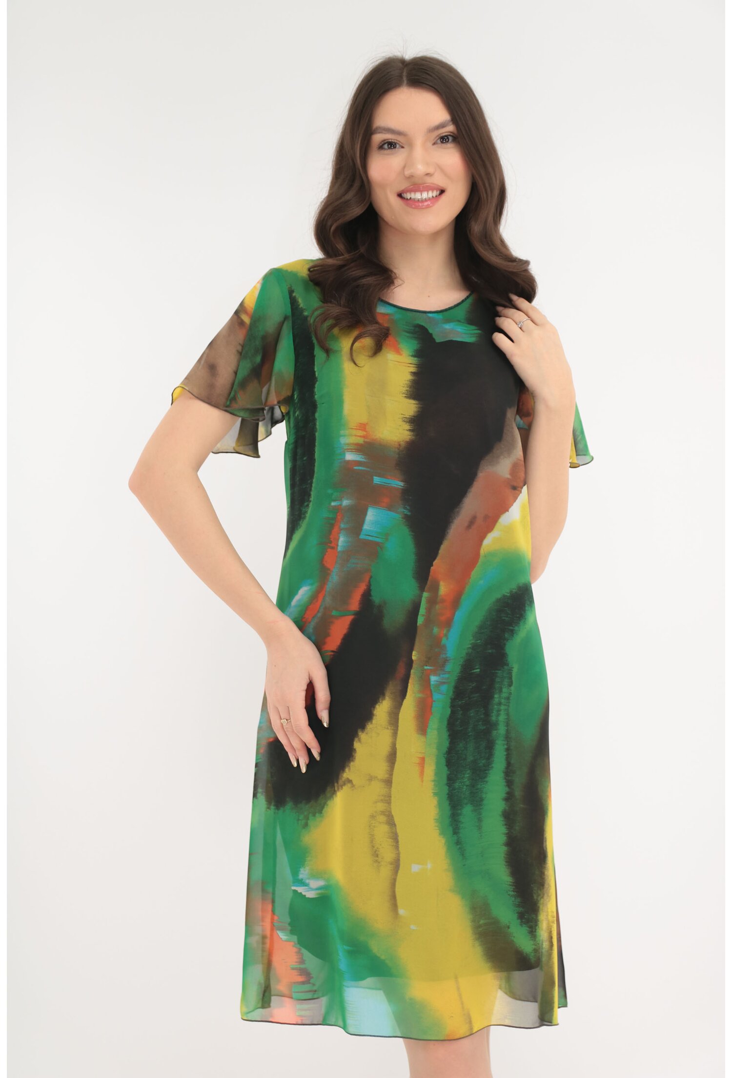 Poze Rochie lejera din voal cu print abstract verde-caramiziu