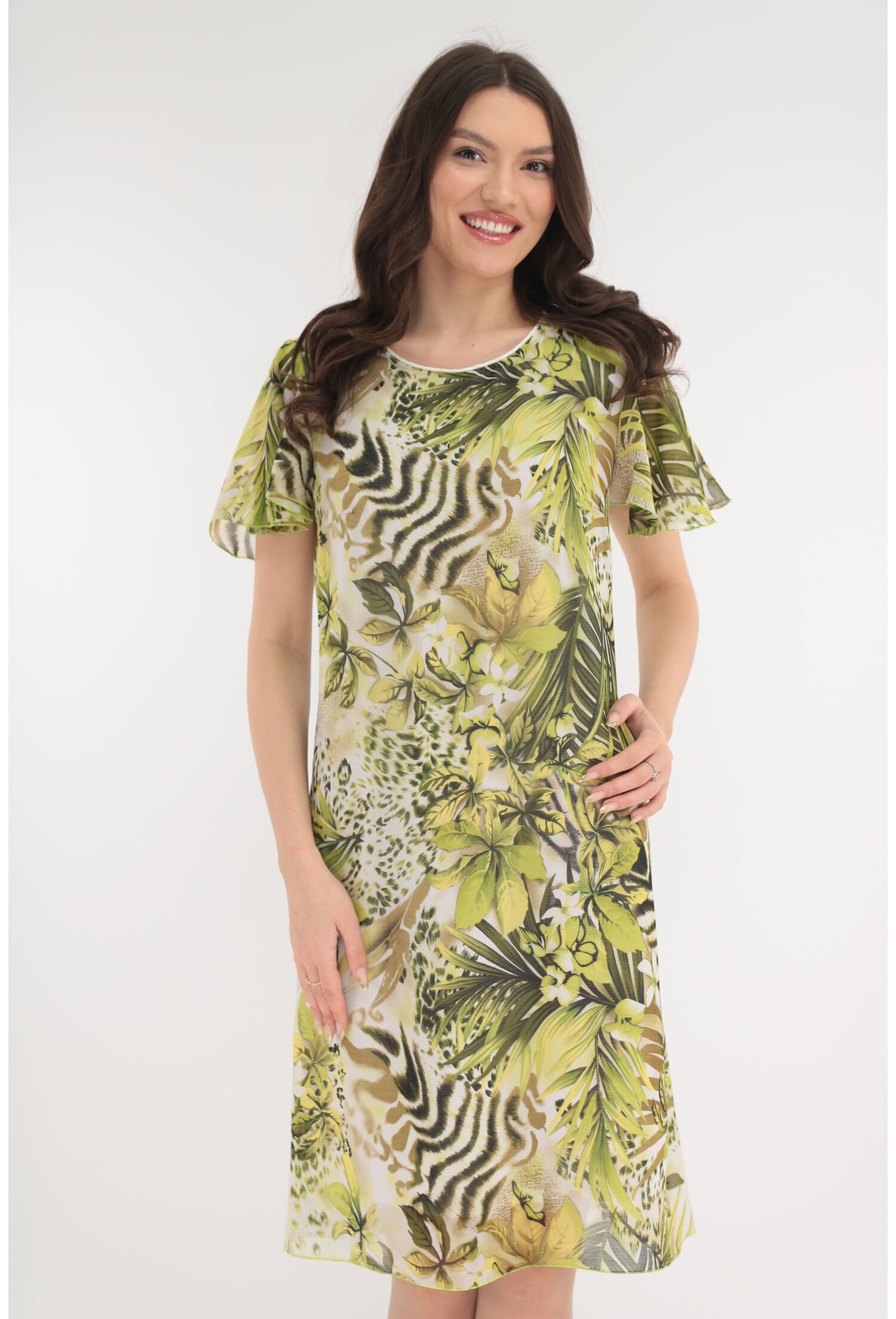 Rochie lejera din voal cu print tropical verde