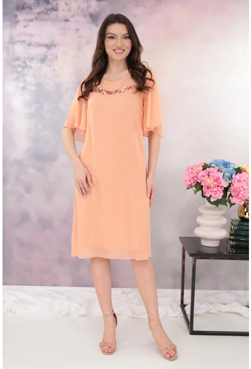 Rochie lejera din voal roz-piersica accesorizata cu paiete