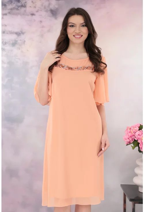 Rochie lejera din voal roz-piersica accesorizata cu paiete