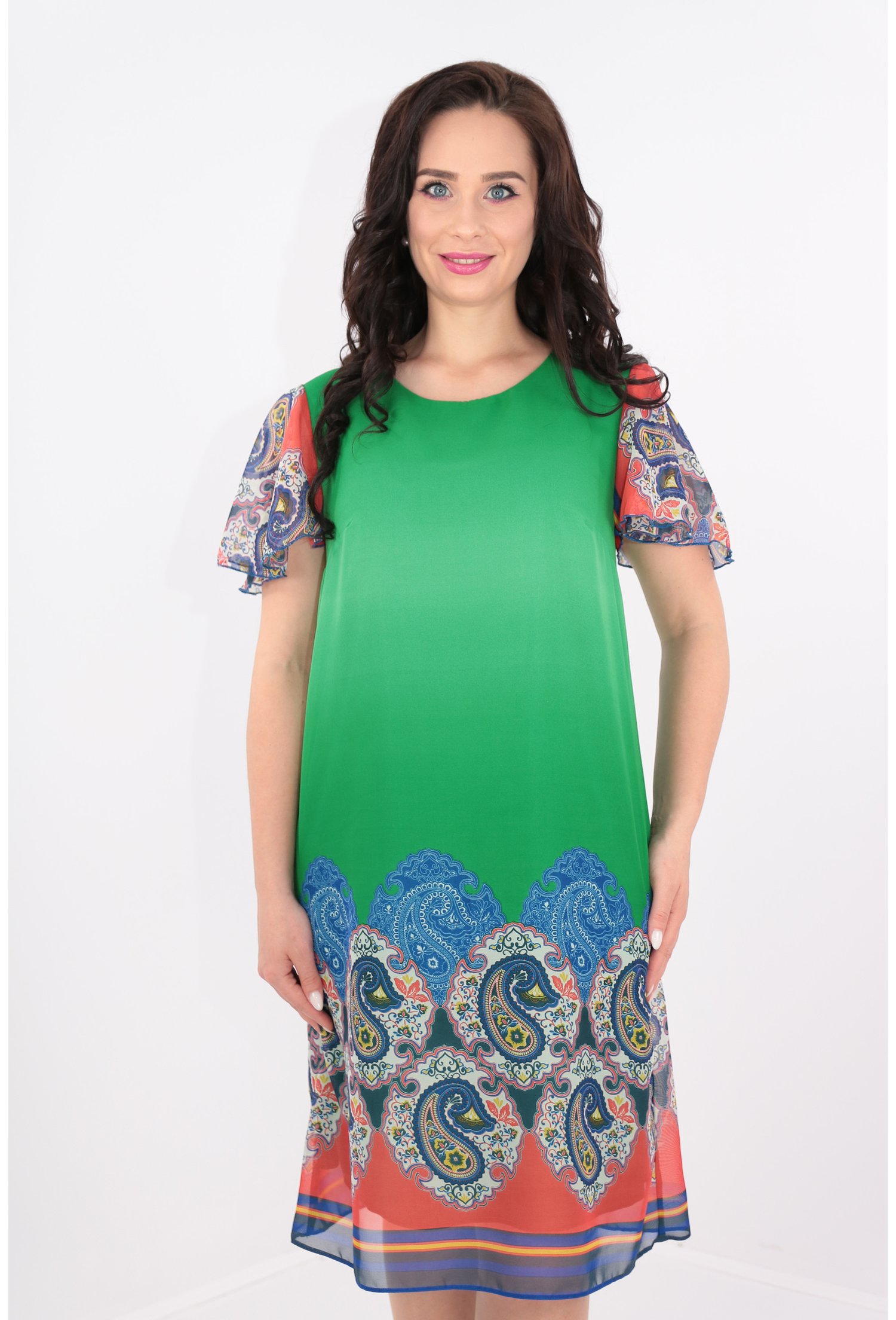 Rochie lejera din voal verde cu bordura multicolor