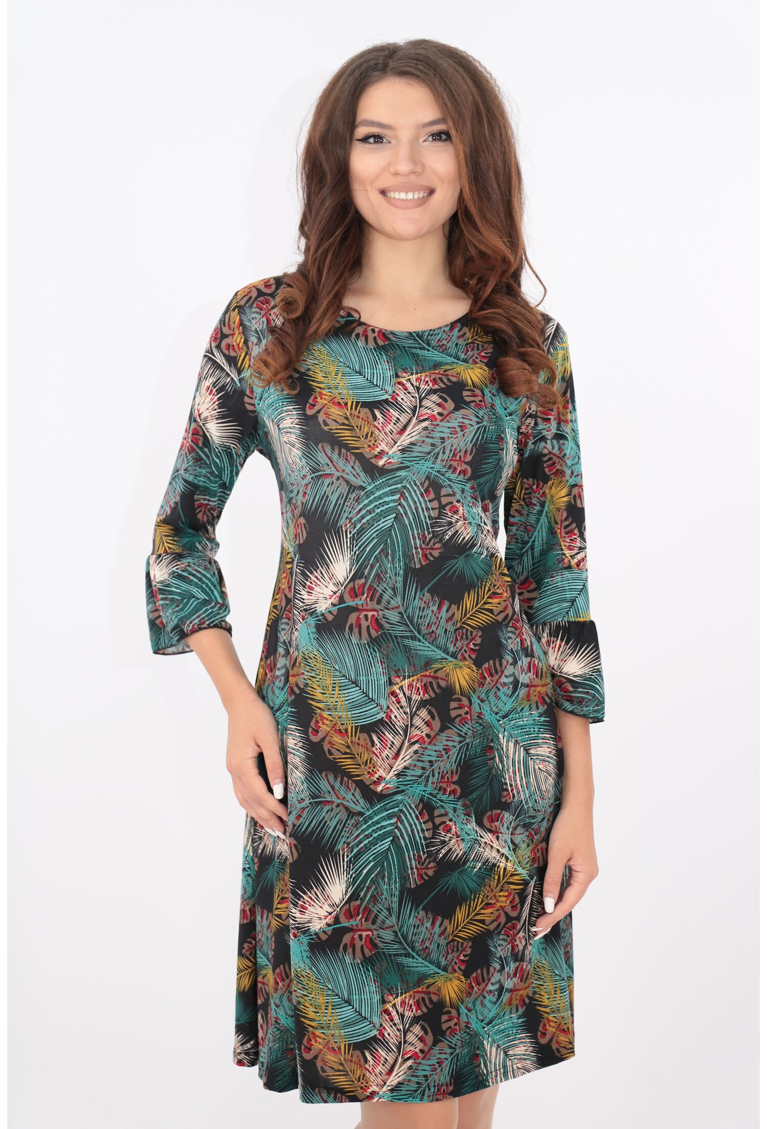 Rochie lejera verde cu print exotic multicolor