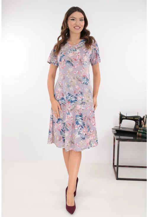 Rochie lila in clini cu print floral roz-albastru