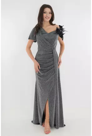 Rochie lunga de seara din lurex argintiu