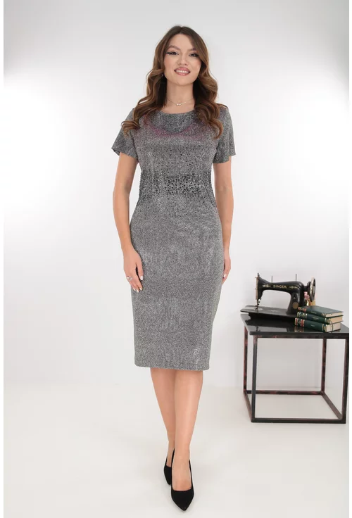 Rochie de ocazie din lurex argintiu cu reflexii multicolore si strasuri