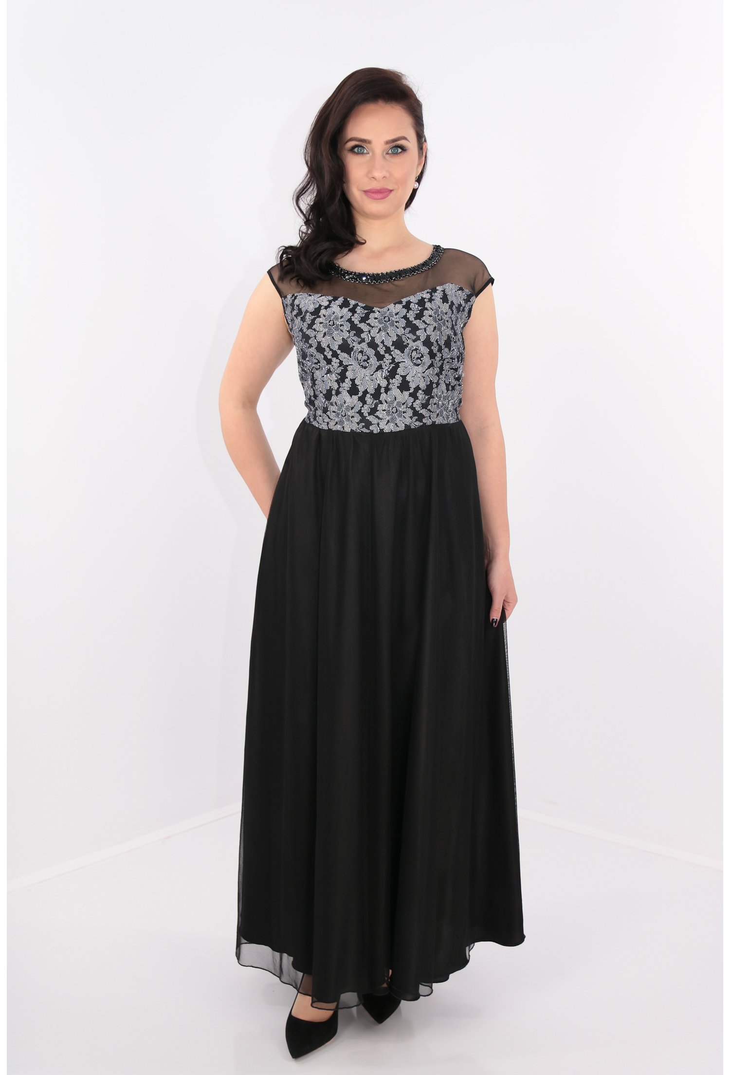 Rochie lunga neagra cu dantela gri