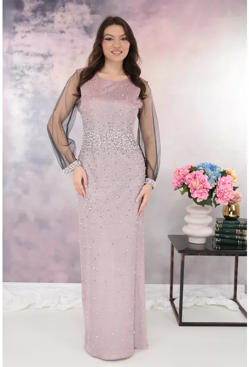 Rochie lunga roz din lurex cu strasuri si perle