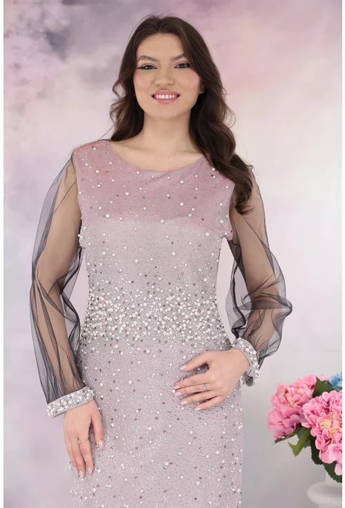 Rochie lunga roz din lurex cu strasuri si perle