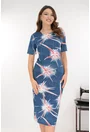 Rochie midi albastra cu print abstract rosu