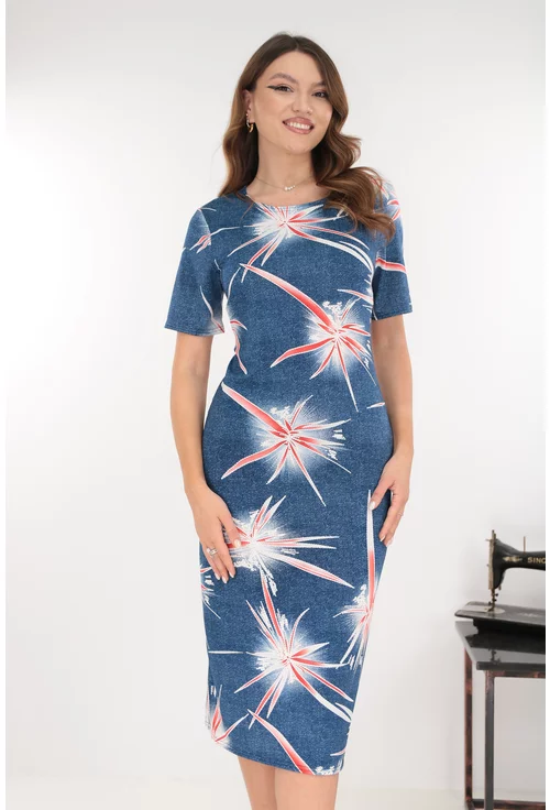 Rochie midi albastra cu print abstract rosu
