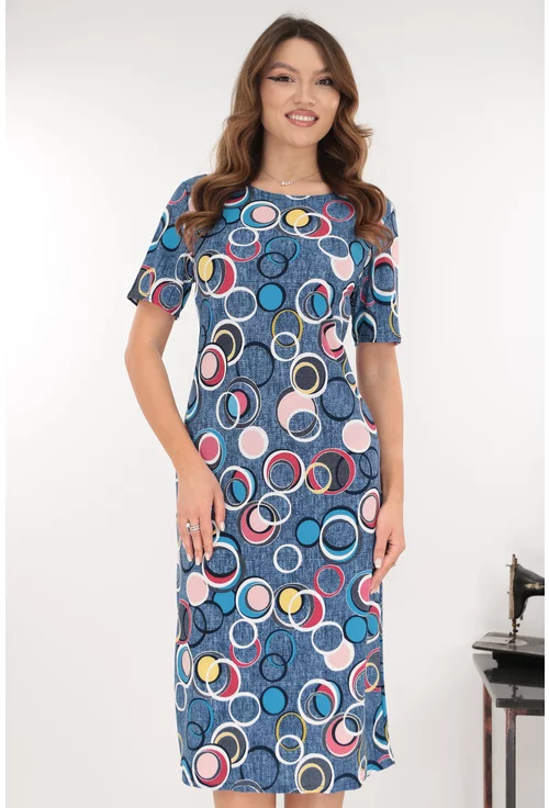 Rochie midi albastra cu print geometric multicolor