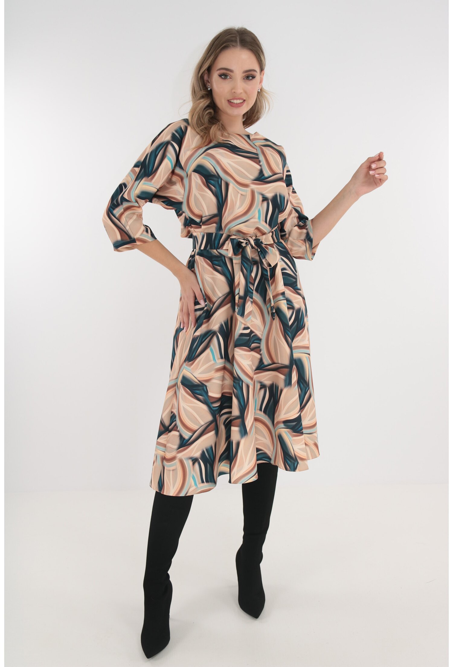 Rochie midi bej cu print abstract turcoaz