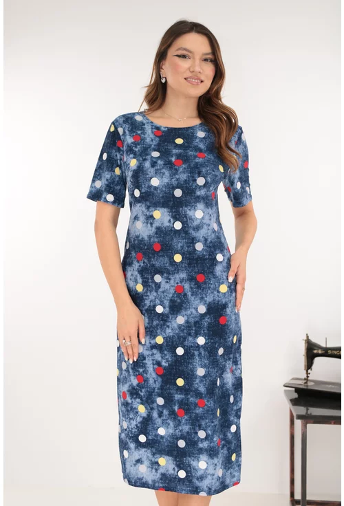 Rochie midi bleumarin cu buline multicolore
