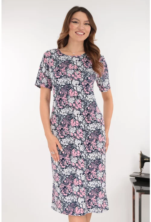 Rochie midi bleumarin cu imprimeu floral roz-alb