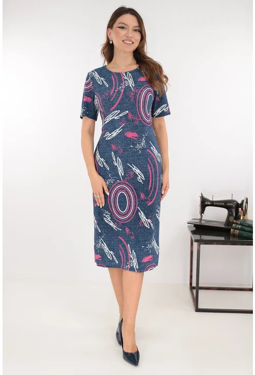 Rochie midi bleumarin cu print abstract alb-roz