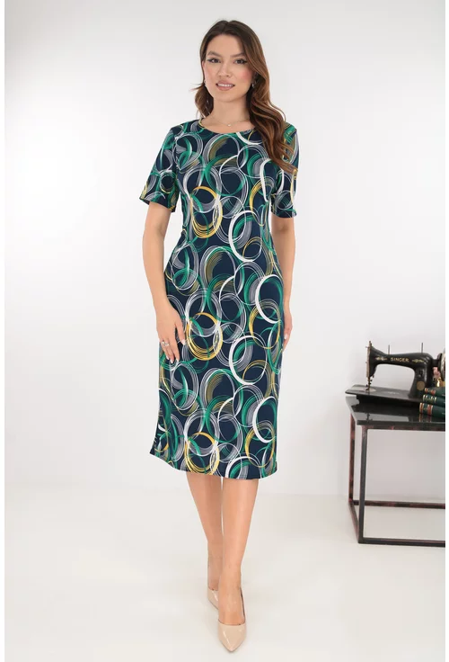 Rochie midi bleumarin cu print abstract galben-verde