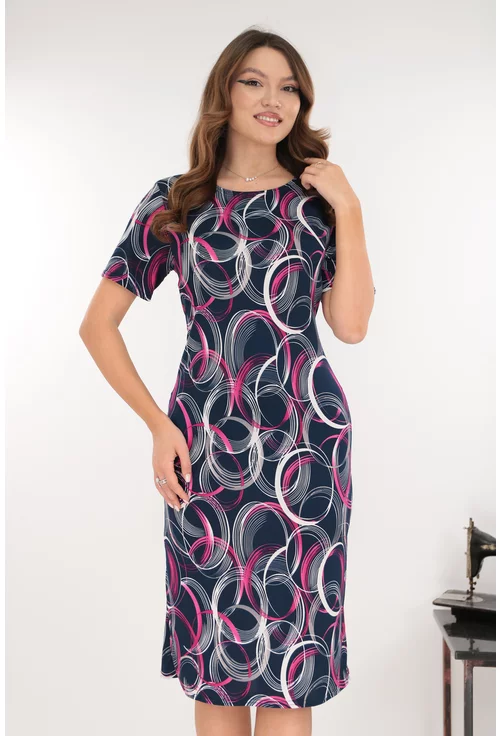 Rochie midi bleumarin cu print abstract roz-alb