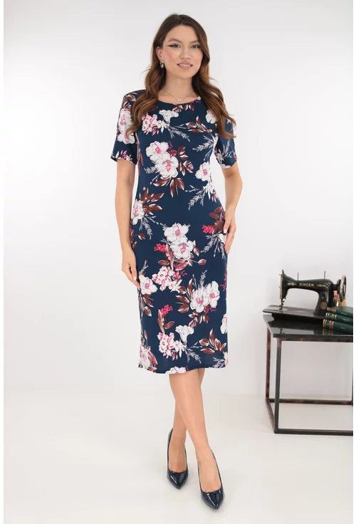 Rochie midi bleumarin cu print floral maxi alb-roz