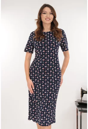 Rochie midi bleumarin cu print floral rosu