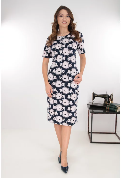 Rochie midi bleumarin cu print floral roz