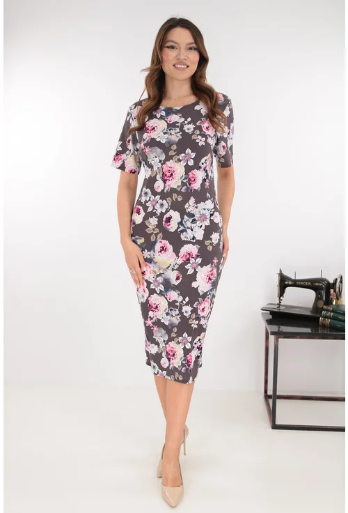 Rochie midi cafenie cu trandafiri roz