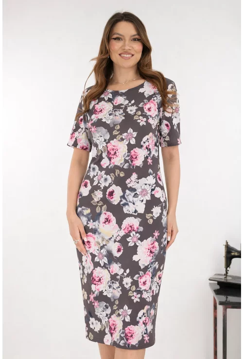 Rochie midi cafenie cu trandafiri roz