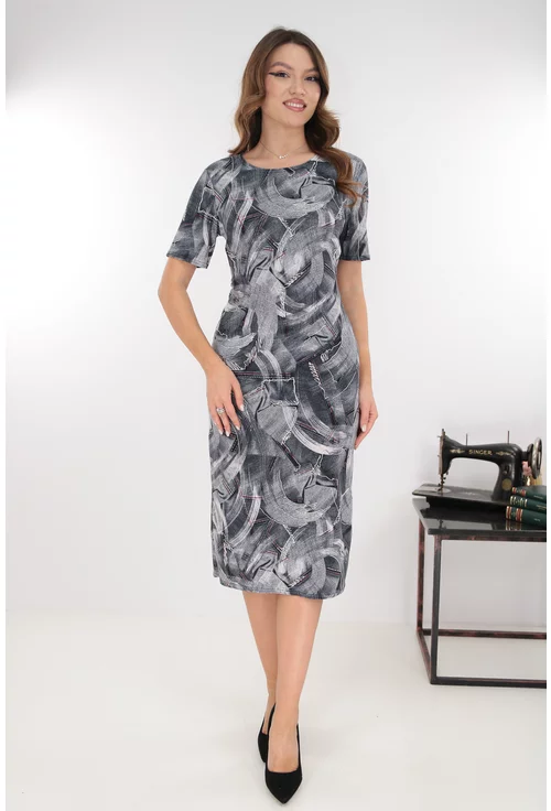 Rochie midi gri cu print abstract alb-rosu