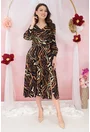 Rochie midi neagra cu print abstract bej si cu o curelusa in talie