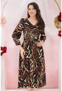 Rochie midi neagra cu print abstract bej si cu o curelusa in talie