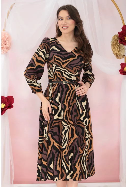 Rochie midi neagra cu print abstract bej si cu o curelusa in talie