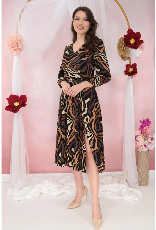 Rochie midi neagra cu print abstract bej si cu o curelusa in talie
