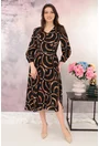 Rochie midi neagra cu print abstract maro si cu o curelusa in talie