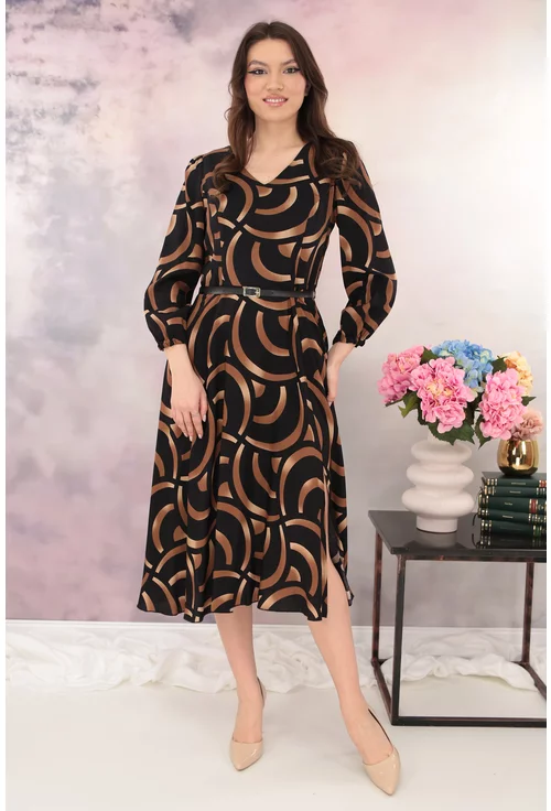 Rochie midi neagra cu print abstract maro si cu o curelusa in talie