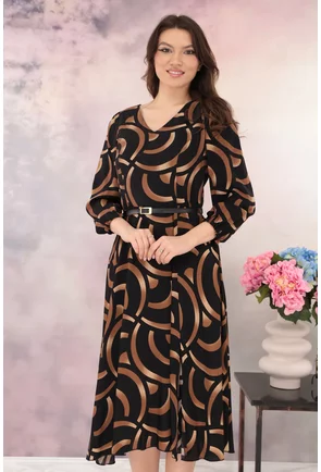 Rochie midi neagra cu print abstract maro si cu o curelusa in talie