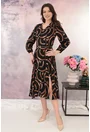 Rochie midi neagra cu print abstract maro si cu o curelusa in talie