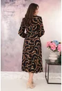 Rochie midi neagra cu print abstract maro si cu o curelusa in talie