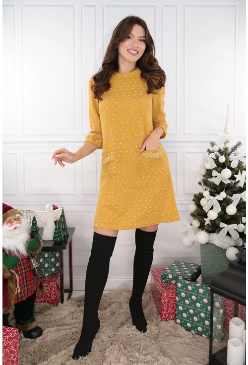 Rochie mustar tricotata cu buline mici albe