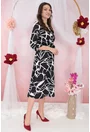 Rochie neagra cu animal print alb si decolteu parte peste parte