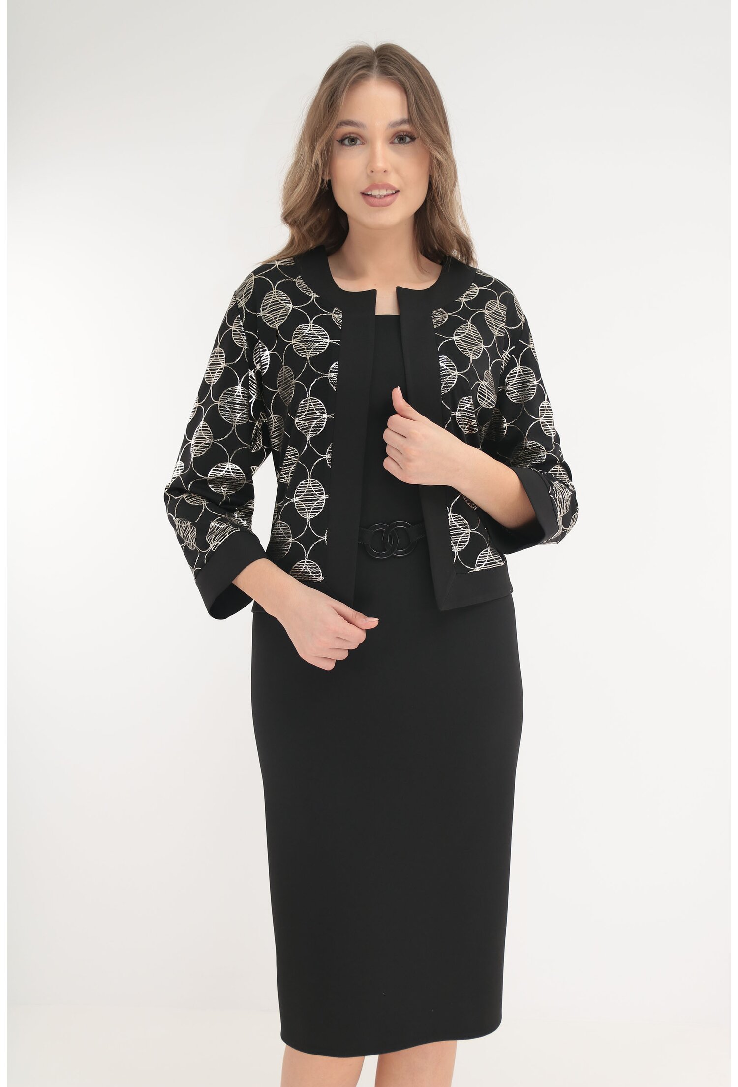 Poze Rochie neagra cu buline argintii si aspect de costum
