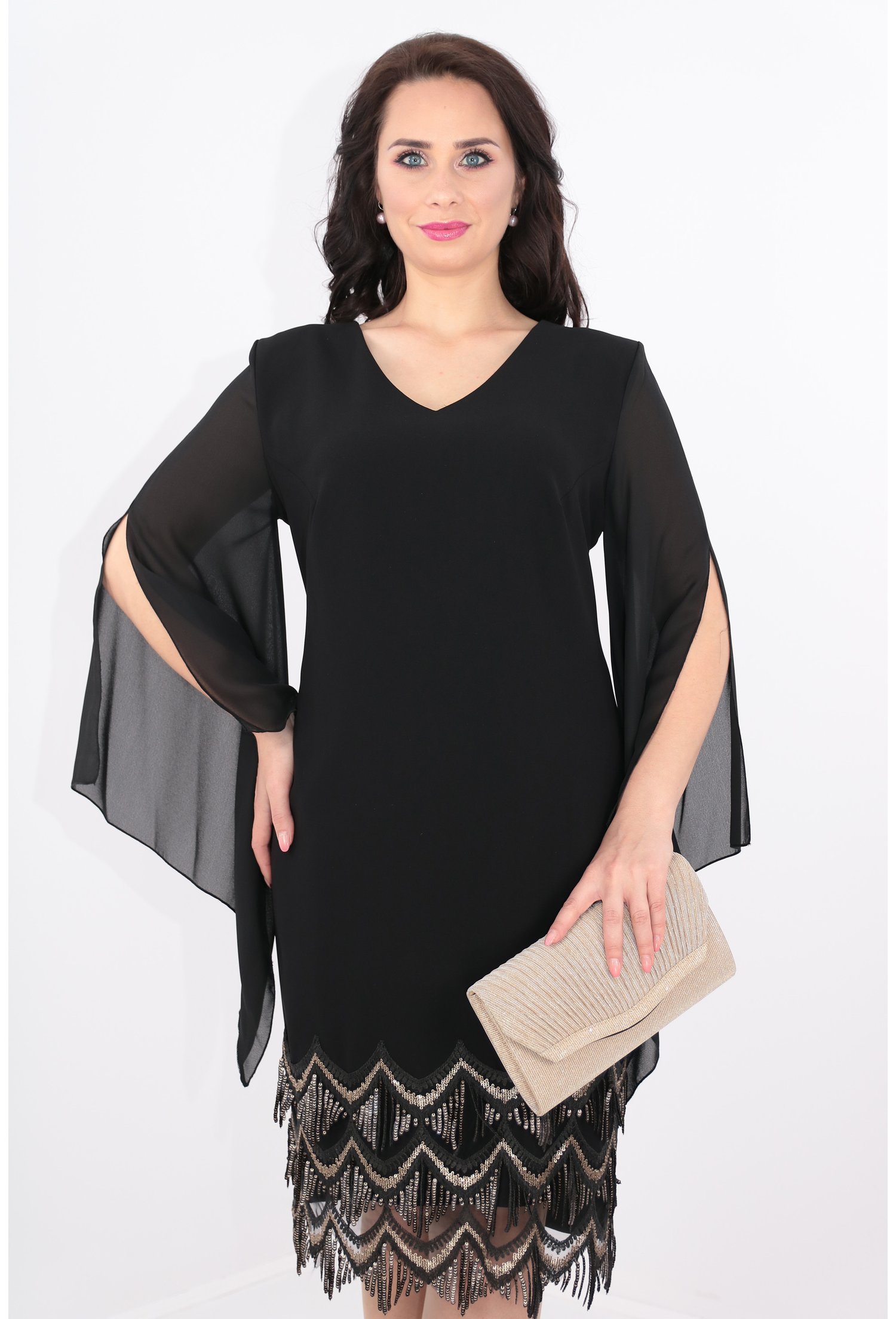 Rochie neagra cu paiete aurii si franjuri