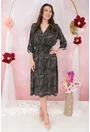 Rochie neagra cu print abstract bej si decolteu parte peste parte