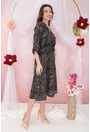 Rochie neagra cu print abstract bej si decolteu parte peste parte