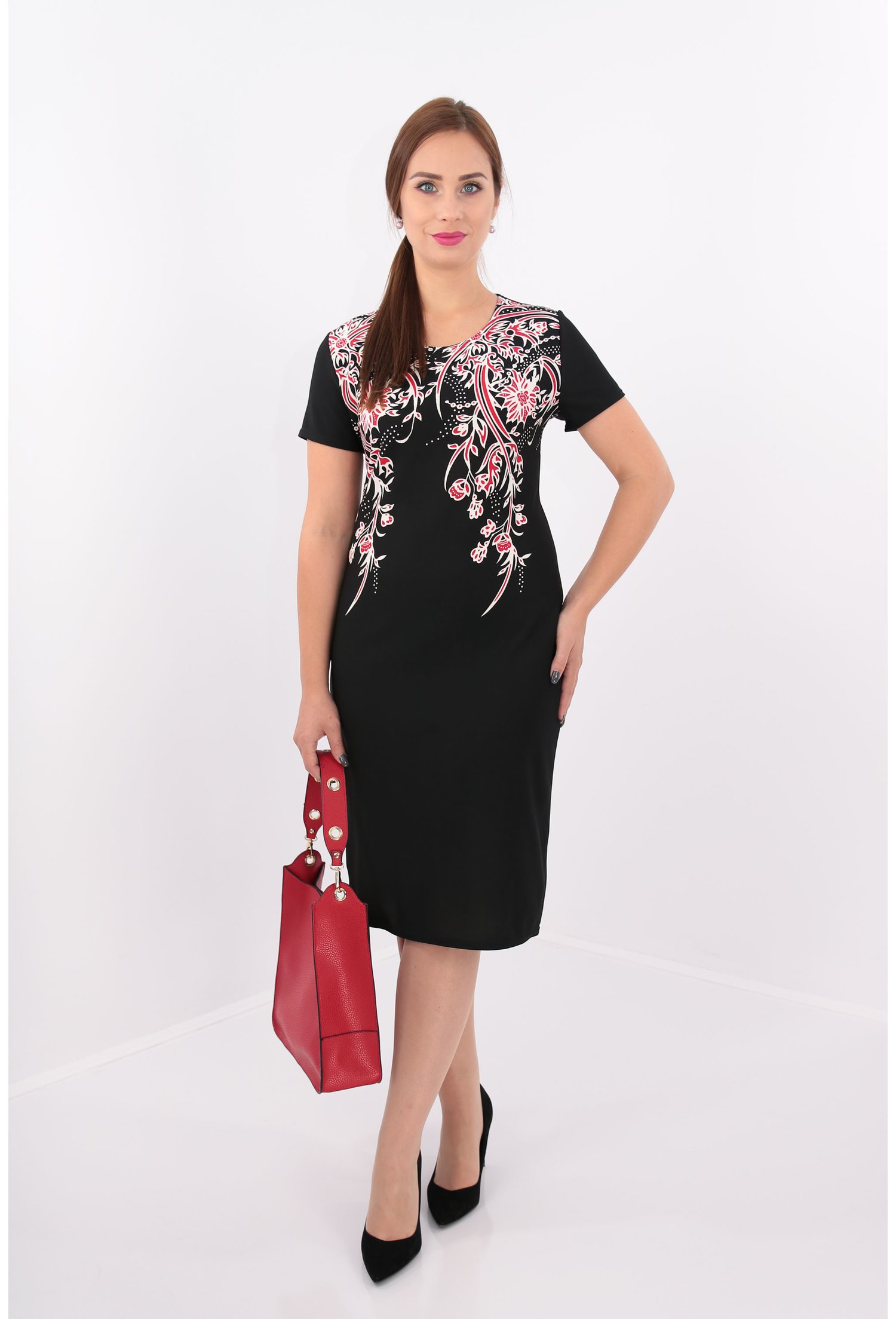 Rochie Neagra Cu Print Floral Rosu Si Alb Pret 119 2 Ron Trend Land