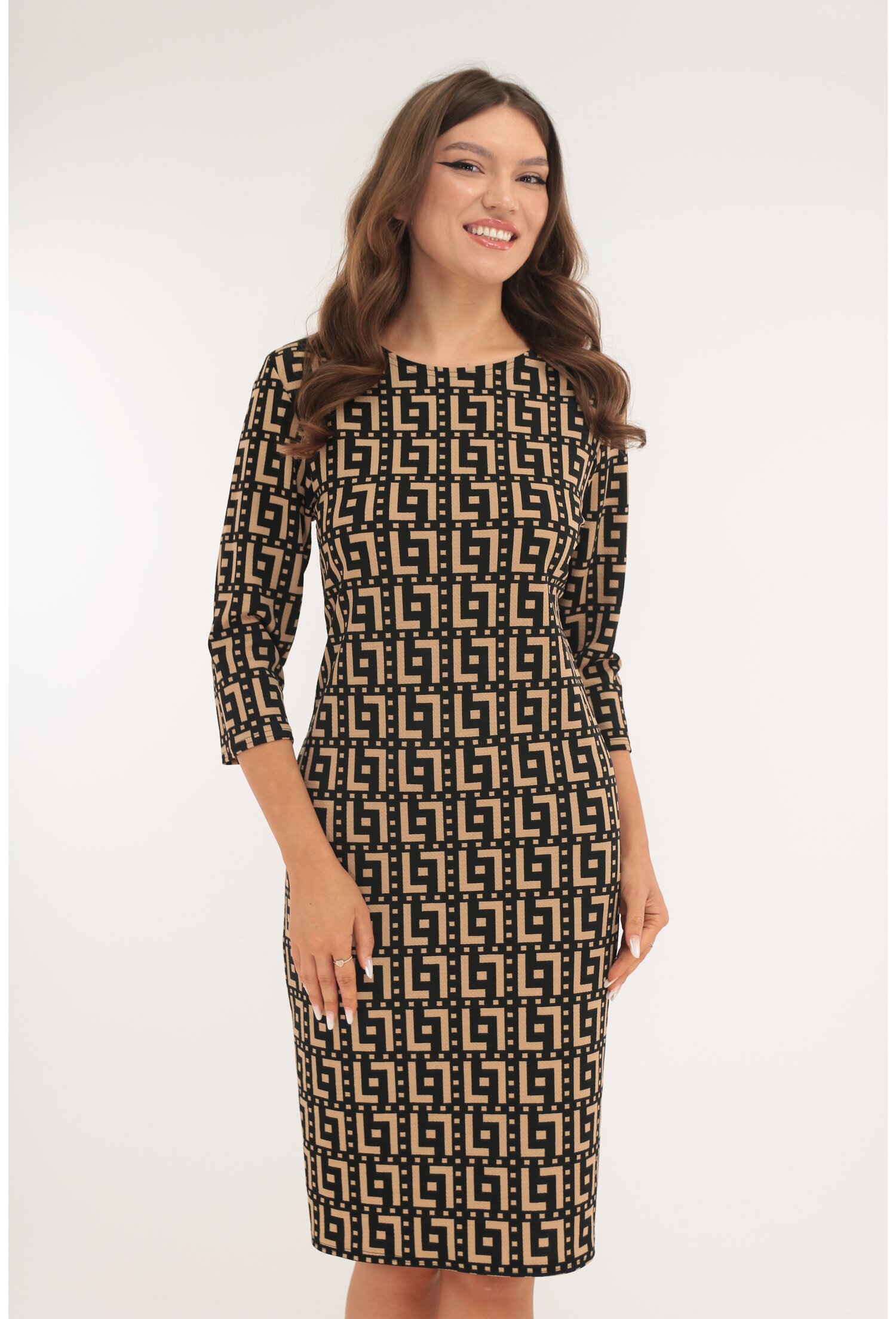 Rochie neagra cu print geometric bej