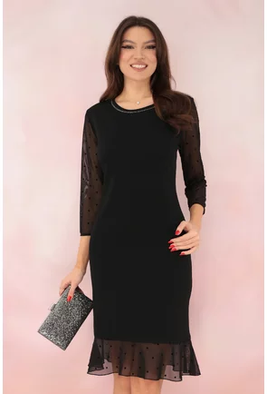 Rochie neagra cu volanas la tiv si maneci din tulle